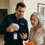 Electrician showing a homeowner a recalled carbon monoxide detector alongside a recall notice