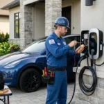 Licensed electrician installing a Level 2 EV charger on a home exterior wall beside an electric vehicle