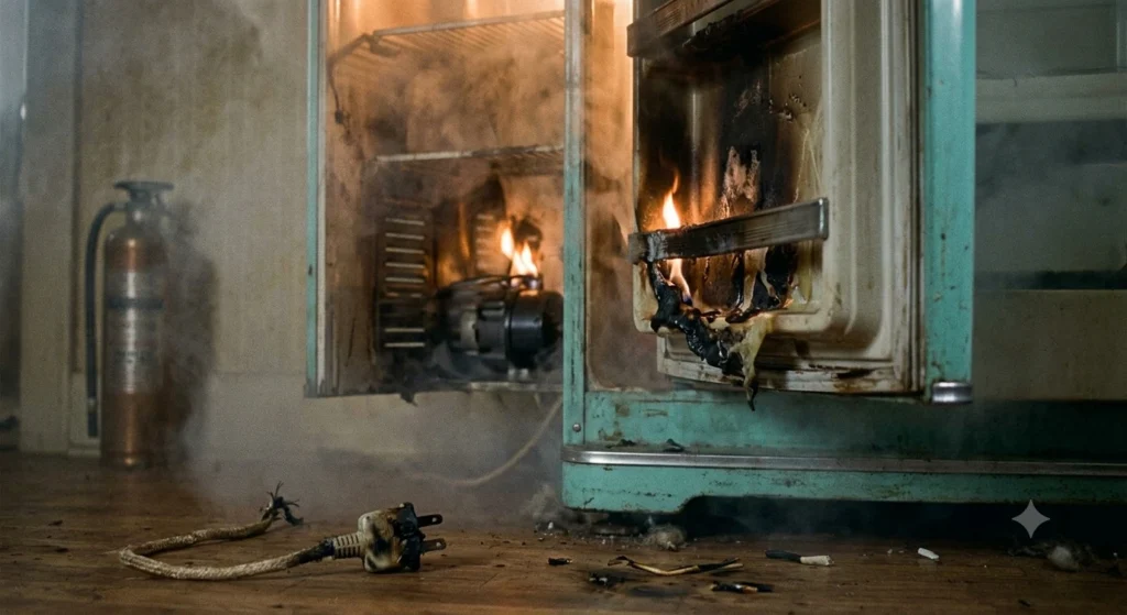 Blogs 3 Retro-style refrigerator on fire with a burnt power plug, illustrating appliance electrical fire risk