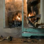 Retro-style refrigerator on fire with a burnt power plug, illustrating appliance electrical fire risk