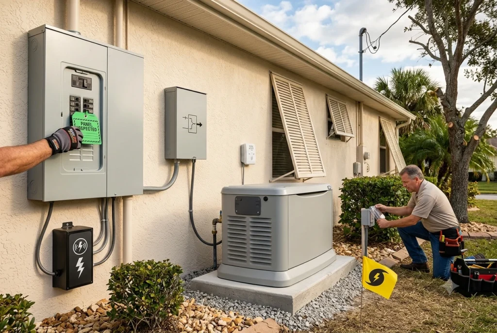 Blogs 5 Electrician inspecting an electrical panel and standby generator at a Florida home before hurricane season