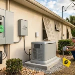 Electrician inspecting an electrical panel and standby generator at a Florida home before hurricane season