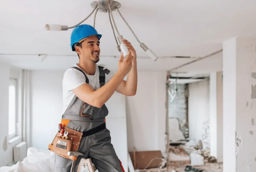 Blogs 4 Electrician installing energy-efficient LED bulbs in a ceiling fixture
