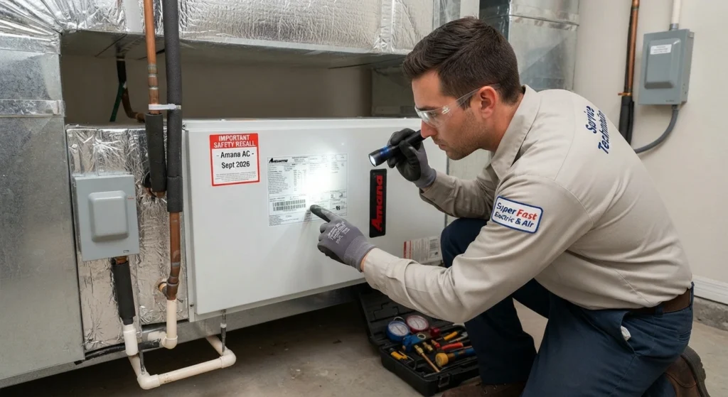Service technician using a flashlight to check the model and serial number sticker on an Amana through-the-wall air conditioner beside a safety recall notice
