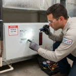Service technician using a flashlight to check the model and serial number sticker on an Amana through-the-wall air conditioner beside a safety recall notice