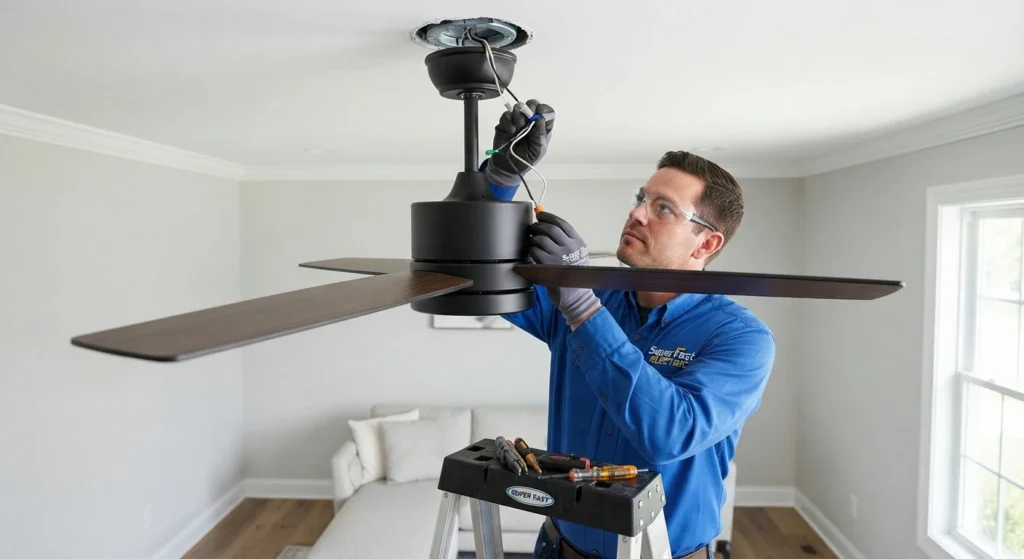 Electrician on a step ladder wiring a black ceiling fan into a ceiling electrical box in a living room