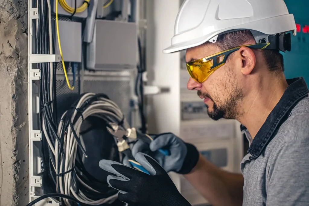 Electrician in a hard hat and safety glasses inspecting wiring inside a residential electrical panel