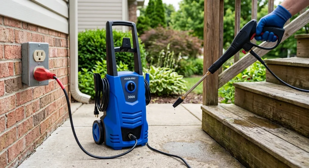 Electric pressure washer plugged into an outdoor outlet on a brick wall while a gloved hand holds the spray wand