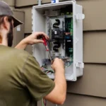Electrician using a screwdriver to service breakers inside an outdoor electrical panel