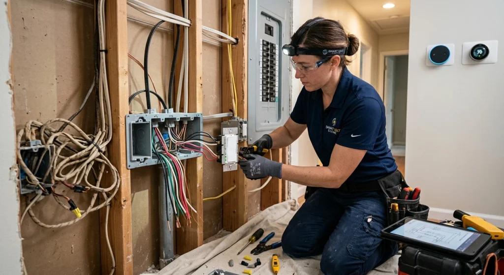 Electrician wiring a smart switch in an open wall beside an electrical panel, with a smart thermostat on the wall nearby