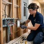 Electrician wiring a smart switch in an open wall beside an electrical panel, with a smart thermostat on the wall nearby