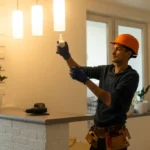 Electrician in a hard hat installing an LED bulb in a pendant light fixture above a kitchen counter