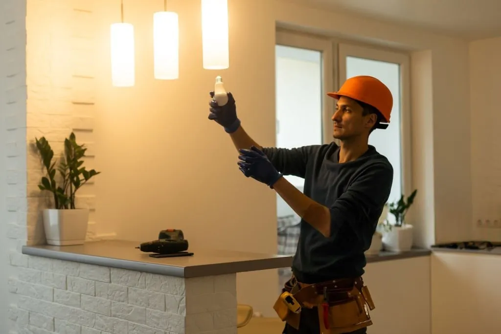 Electrician in a hard hat installing an LED bulb in a pendant light fixture above a kitchen counter
